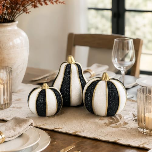 Set of 3 Black & White Modern Resin Pumpkins Fall Decor - Glitter Finish