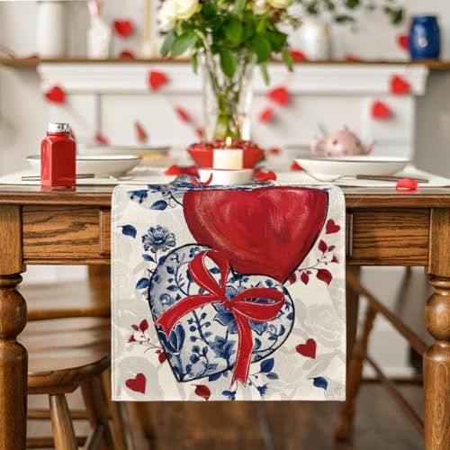 Hearts Bow Valentine's Table Runner 13x90 Inch Red Blue Home Decor
