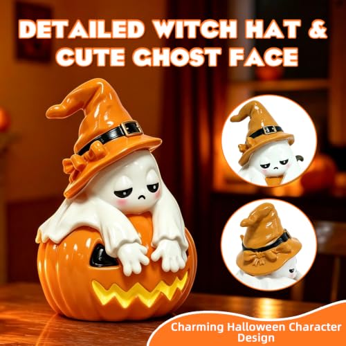 Halloween Ghost Pumpkin Figurine with Light - Resin Tabletop Decor