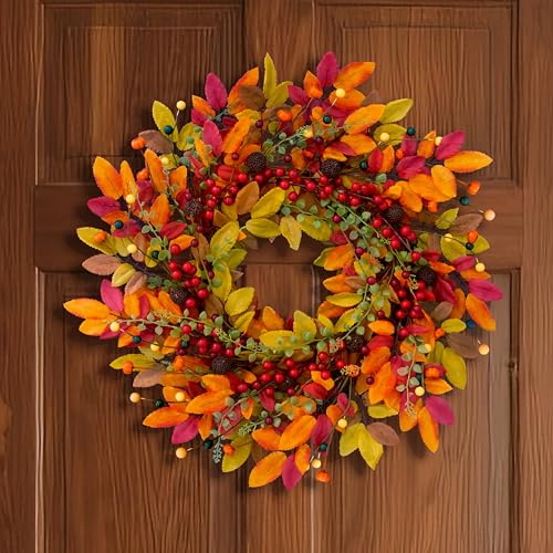22 Inch Fall Berry Wreath for Front Door Outdoor Decor with Red Berries