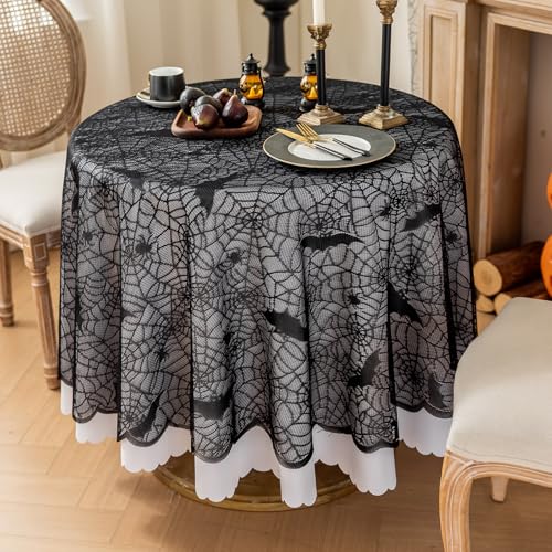 Halloween Spiderweb Tablecloth 70 Inch Round Black Bats Lace Cover for Parties