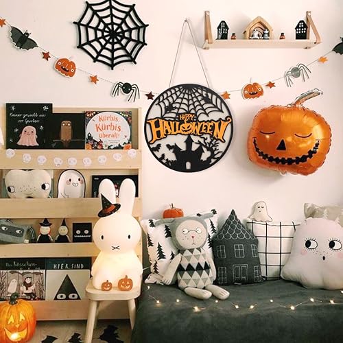 Happy Halloween Wooden Wreath - Ghost Bat Pumpkin Door Sign & Garland - Indoor Wall Decorations - Variation: Happy Halloween Wreath