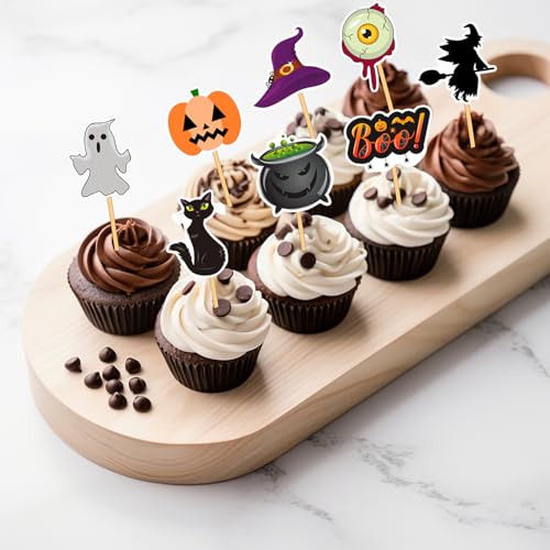 Halloween Cupcake Toppers 40Pcs Spooky Ghost Witch Pumpkin Cat Decorations
