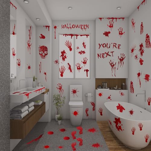 PartyGarden Bloody Halloween Wall Decals - 8 Sheets, 86 Pieces Spooky Handprint & Footprint Stickers