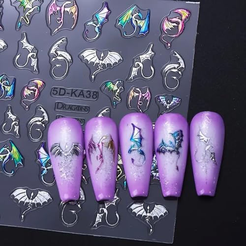 Halloween 5D Embossed Nail Art Stickers - Silvery Bat & Dragon Pattern - Q2 Variation