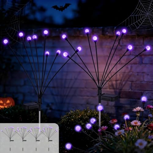 Adjustable Height Solar Firefly Outdoor Halloween Lights - Purple 4 Pack