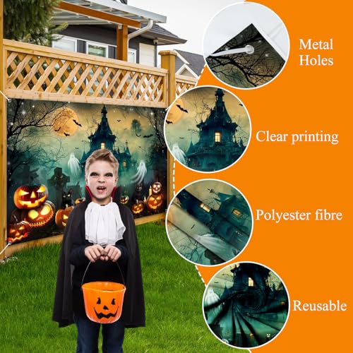 Halloween Party Banner 10x8ft Blue Polyester Spooky Backdrop Decorations for Photoshoot
