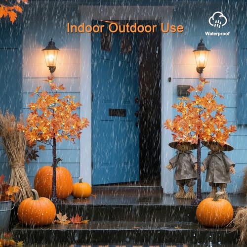 Artificial Fall Maple Tree with 144 Warm White LED Lights - 4FT Orange Indoor Outdoor Decoration - Variation 4FT-2