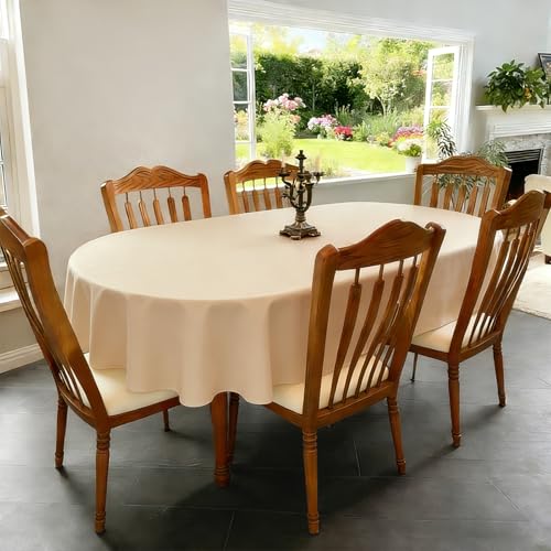 Beige Oval Tablecloth 60x84 Inch - Washable Linen Look, 2 Pack