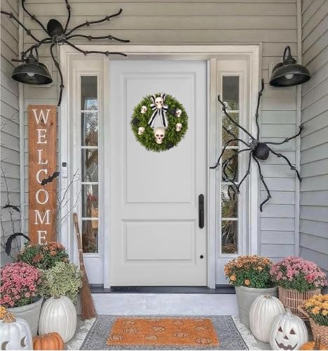 Halloween Front Door Wreath 20 Inch Faux Boxwood Skull Spider Decor