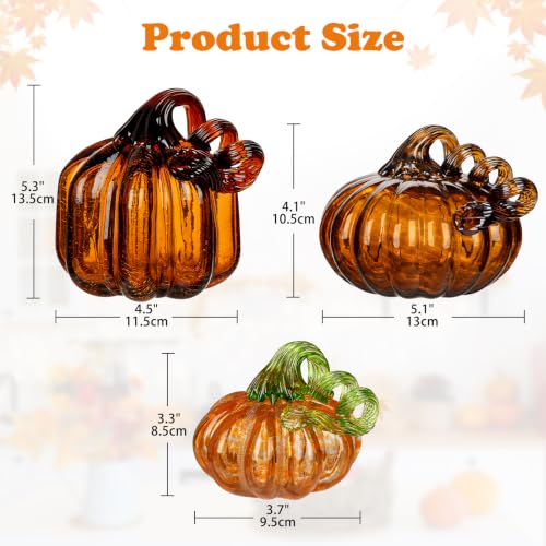 Brown Glass Pumpkin Fall Decor Set - 3 Handblown Autumn Pumpkins, Halloween & Thanksgiving Centerpiece