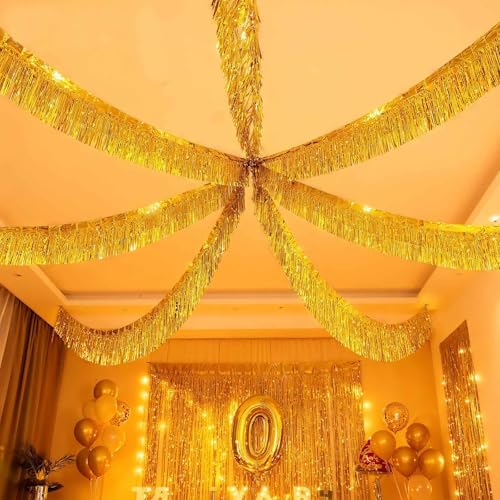 Gold Wall Hanging Tinsel Fringe Banners - 12 Inch x 10 Ft, 6 Pack Party Decor