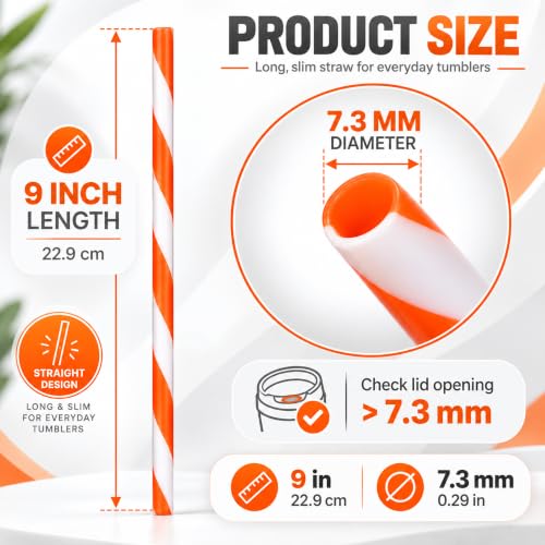 Orange Reusable Plastic Straws - 50 Pack, Wide Stripe, 9 Inch, BPA Free