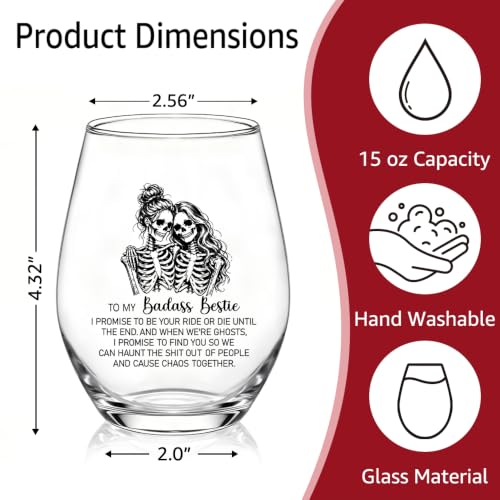 Funny Halloween Skeleton Stemless Wine Glass 15 oz - Bestie Gift, Clear Variation