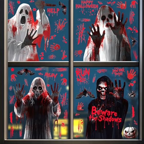 Halloween Window Clings Decorations - Scary Ghost & Blood Stickers - Red-14