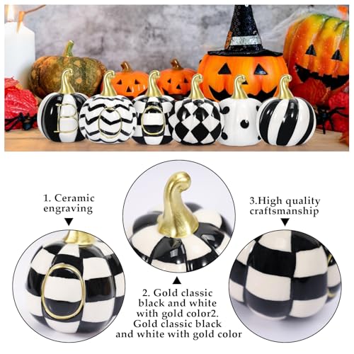 Ceramic Halloween Pumpkin Decor Set - 6 Black & White Buffalo Plaid, Polka Dots & Stripes, Fall & Thanksgiving Decor