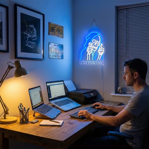 Blue Stay Positive Skeleton Neon Sign Wall Decor - Motivational LED Light for Man Cave Pub Bar Halloween