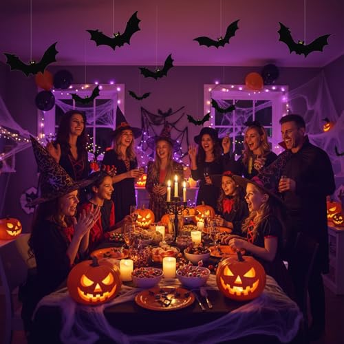 Halloween Hanging Bat Decorations Set - 18pcs, Glow Eyes, Waterproof Indoor & Outdoor Spooky Décor