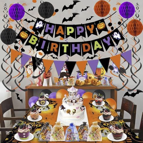 Halloween Party Banner Set with 3D Bats, Bunting, Pom Poms & Garland