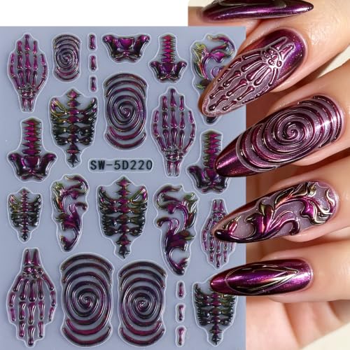 Halloween Skull Nail Stickers Set - Style02 Embossed Skeleton & Rose Design, 4 Sheets for Gothic Nail Art