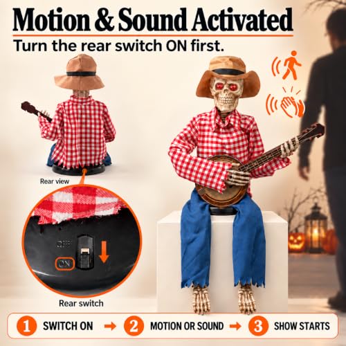 Halloween Animatronic Skeleton with Banjo - Light Up Eyes & Sound Activated, Funny Voice, Indoor Outdoor Decor - Variation of Banjo Playing Skeleton