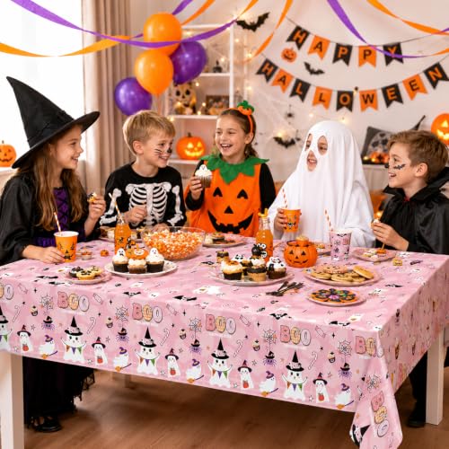 Pink Boo Halloween Plastic Tablecloth - 2PCS Rectangular Disposable Spooky Party Cover - Pink, Ghosts & Bats - 108x54 Inches - Halloween Variation