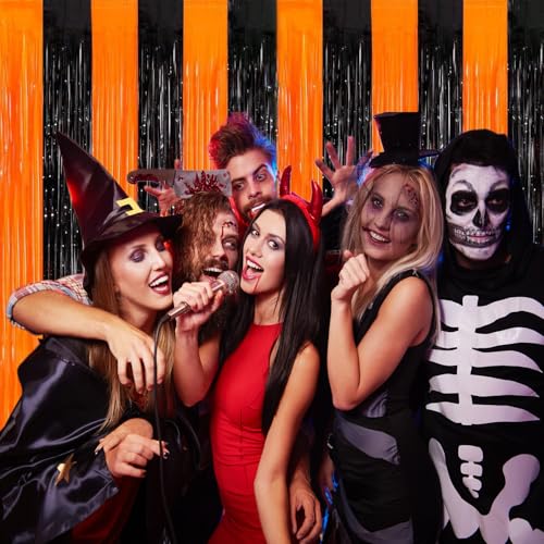 Black and Orange Streamers Halloween Backdrop Foil Fringe Curtain - 3.3ft x 6.6ft, 2 Pack