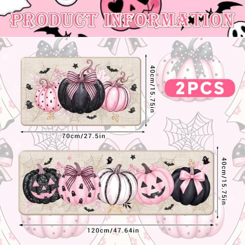 Pink Pumpkin Halloween Kitchen Mats Set of 2 - Feminine Fall Rugs