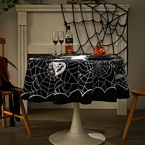 Halloween Spider Web Tablecloth 60 Inch Round Waterproof & Washable Decor