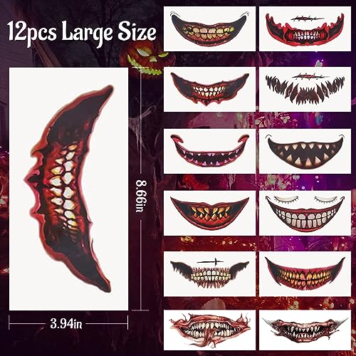 Halloween Big Mouth Face Tattoos 20 Pack Realistic Temporary Tattoo Stickers