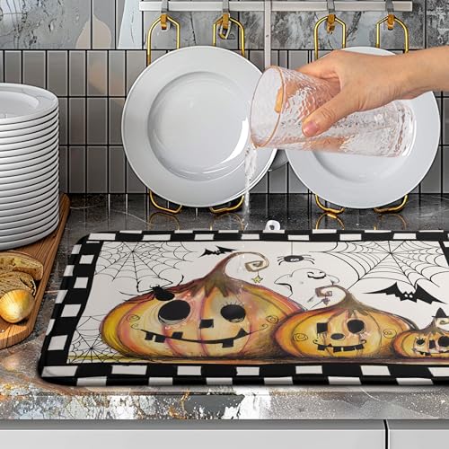 Halloween Dish Drying Mat - 18x24 Inch Pumpkin Ghost Bat Web Microfiber Drainer - Spooky Kitchen Counter Protector - Variation of THIS listing