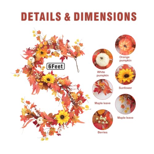 Fall Orange Lighted Garland with Leaves Pumpkins Sunflowers for Mantel - 6 FT