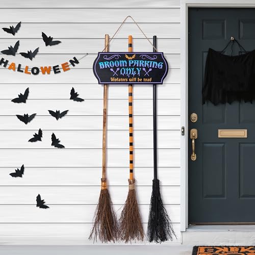 Halloween Broom Parking Sign with Wooden Witch Brooms - Outdoor Porch Decor