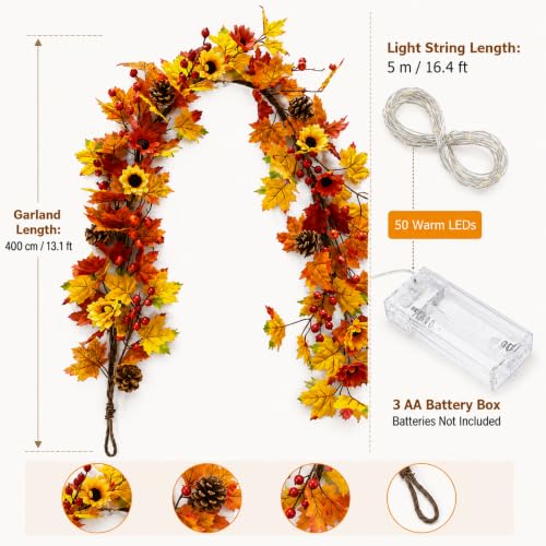 Fall Leaf Garland with Lights - 13.2ft Autumn Decor for Indoor & Outdoor