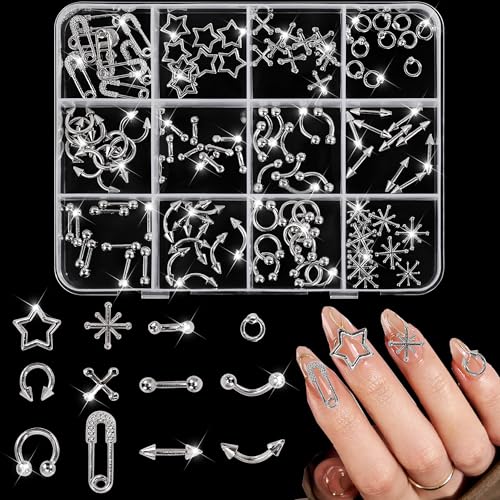 120PCS Silver Gothic Cross & Star Nail Charms - Retro Punk Manicure Decor