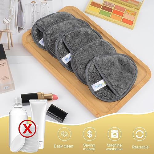 Reusable Makeup Remover Pads 6 Pack - Grey, Soft Microfiber Facial Cleansing Cloths with Travel Bag