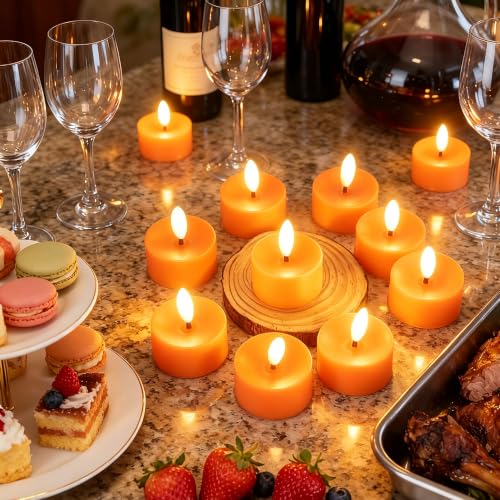 QIDEA Halloween Orange LED Tea Lights for Pumpkin & Holiday Decor - 12 Sets