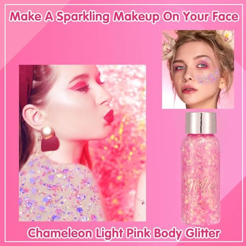 Liquid Chunky Glitter Eyeshadow & Body Gel - Dark Pink & Peach Pink Variations, Long Lasting Sparkle, 30g