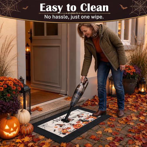 Halloween Welcome Door Mat - Cute Ghost Cat Pumpkin 18x30 Inches - Rubber Doormat