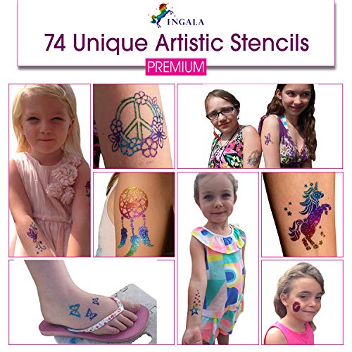 Pink Glitter Temporary Tattoo Kit for Girls with 74 Stencils, 16 Colors & Body Glue