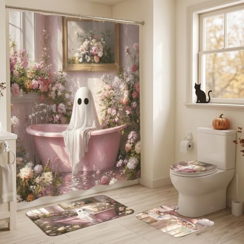 Pink Ghost Halloween Bathroom Shower Curtain and Rug Set - 4PCS Spooky Decor