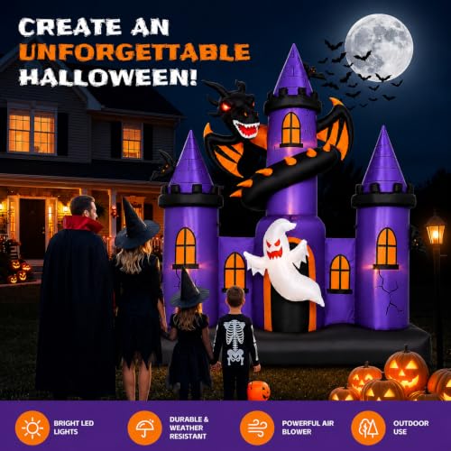 Giant 9 FT Halloween Inflatable Haunted Castle with Dragon & Ghost Lights