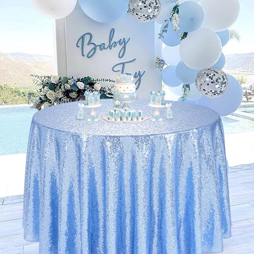 Baby Blue 132 Inch Round Sequin Tablecloth Glitter Cover for Wedding Party Bridal Shower