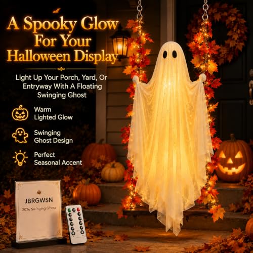 Halloween Decorations Light Up Swinging Ghost on Swing - 6.6 Ft Outdoor Porch Accent with Maple Leaves - Variation 30