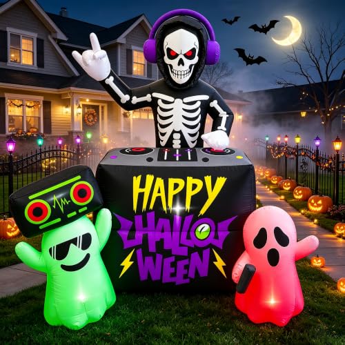 6FT Halloween Inflatable DJ Skeleton Yard Decor with Lights & Ghosts