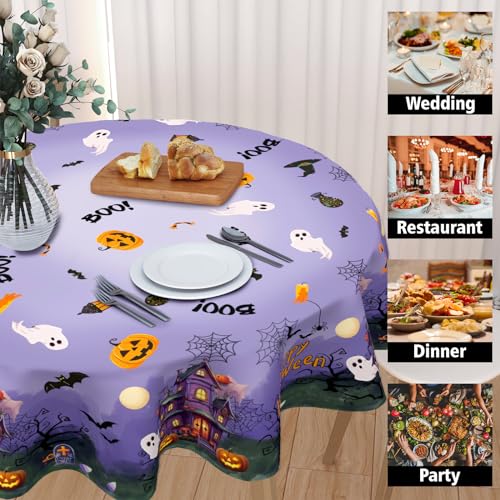Halloween Round Tablecloth 60 Inch Spider Web Pumpkin Decor - Dark Purple