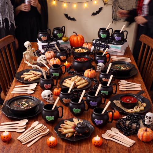 Halloween Cauldron Mugs with Spoons - Multicolor, Single-Sided Print, 48 Pack
