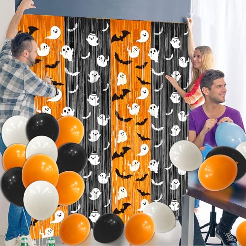 Halloween Fringe Curtain Bat Ghost Pattern 2 Pack - 3.3 x 6.6 ft Photo Backdrop & Party Decor