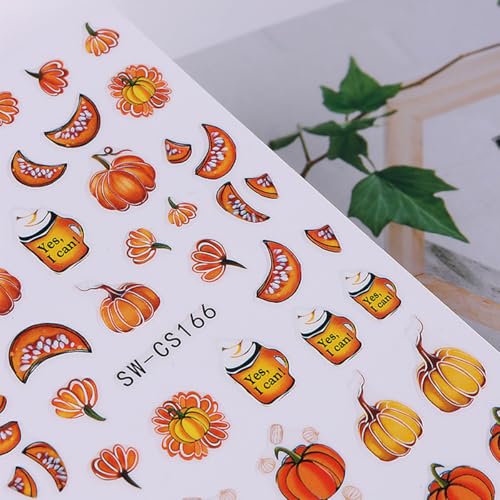 Fall Nail Art Stickers Decals 8 Sheets Pumpkin Leaf Floral DIY Manicure