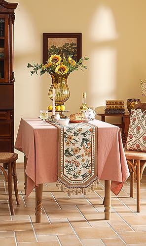 French Linen Small Table Runner - Anthea 12" x 63" Elegant Floral Design